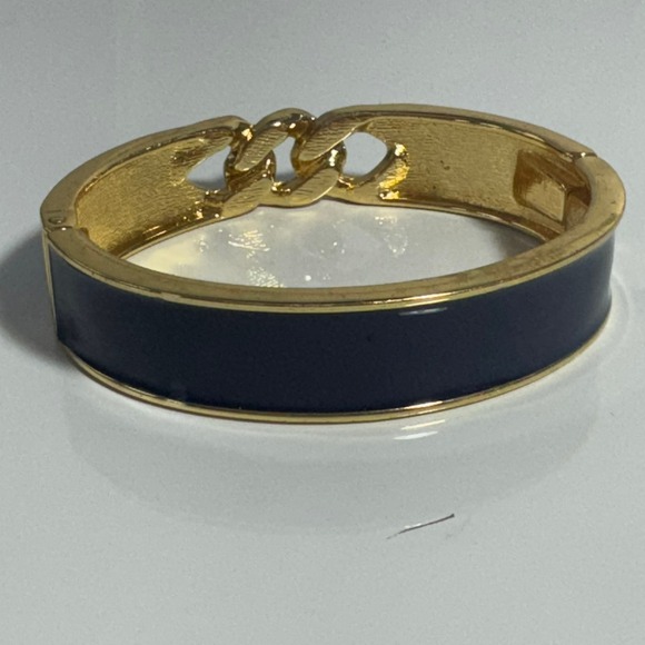 Gold Tone Navy Enamel Link Hinged Bangle Bracelet - Picture 6 of 7
